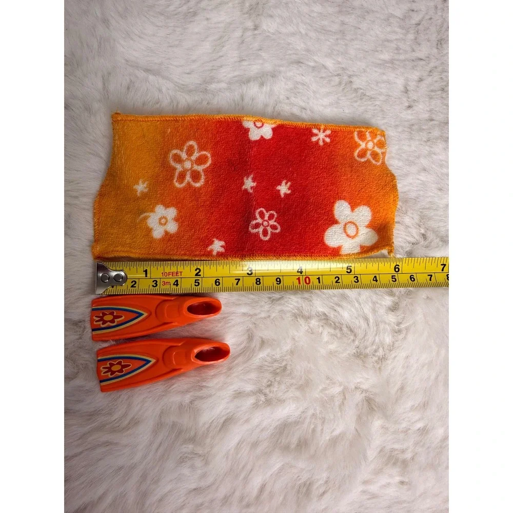 Vintage 90's Doll Beach Accessories Orange Floral Towel Swim Fins Flippers Set